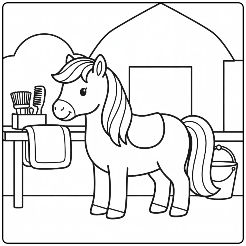 Adorable pony coloring page with saddle at grooming station
