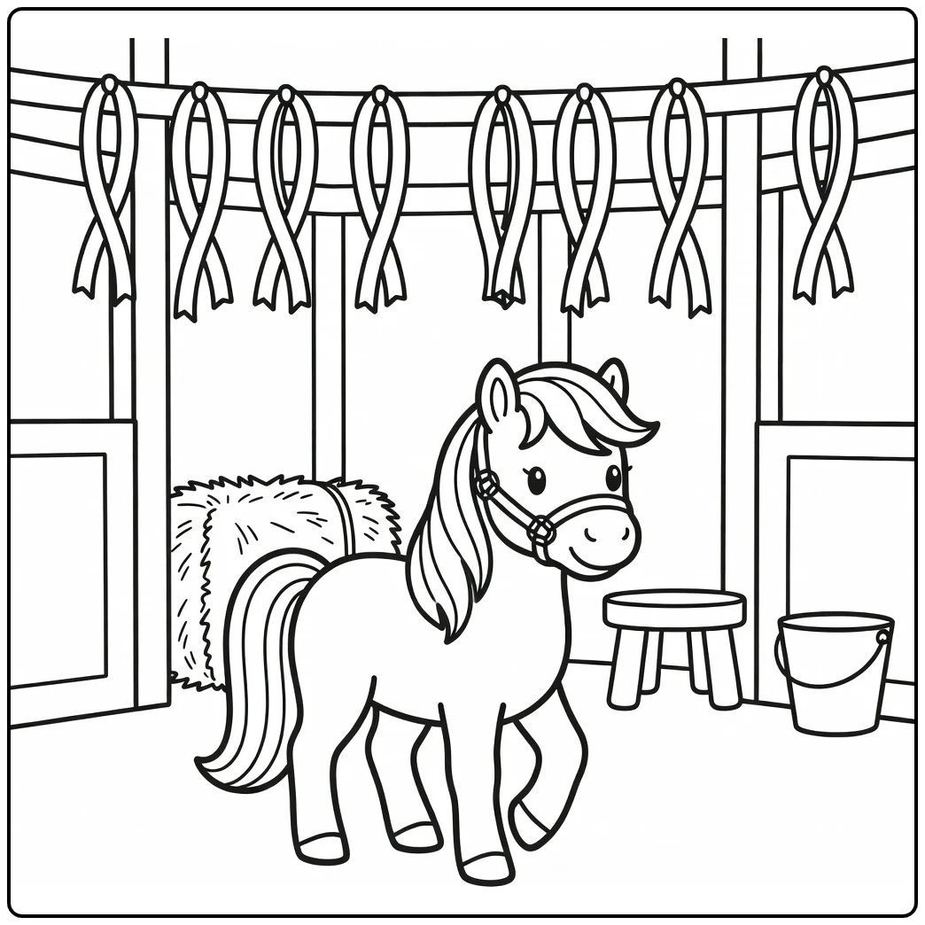 Pony coloring page of a cute pony in a stable with ribbons