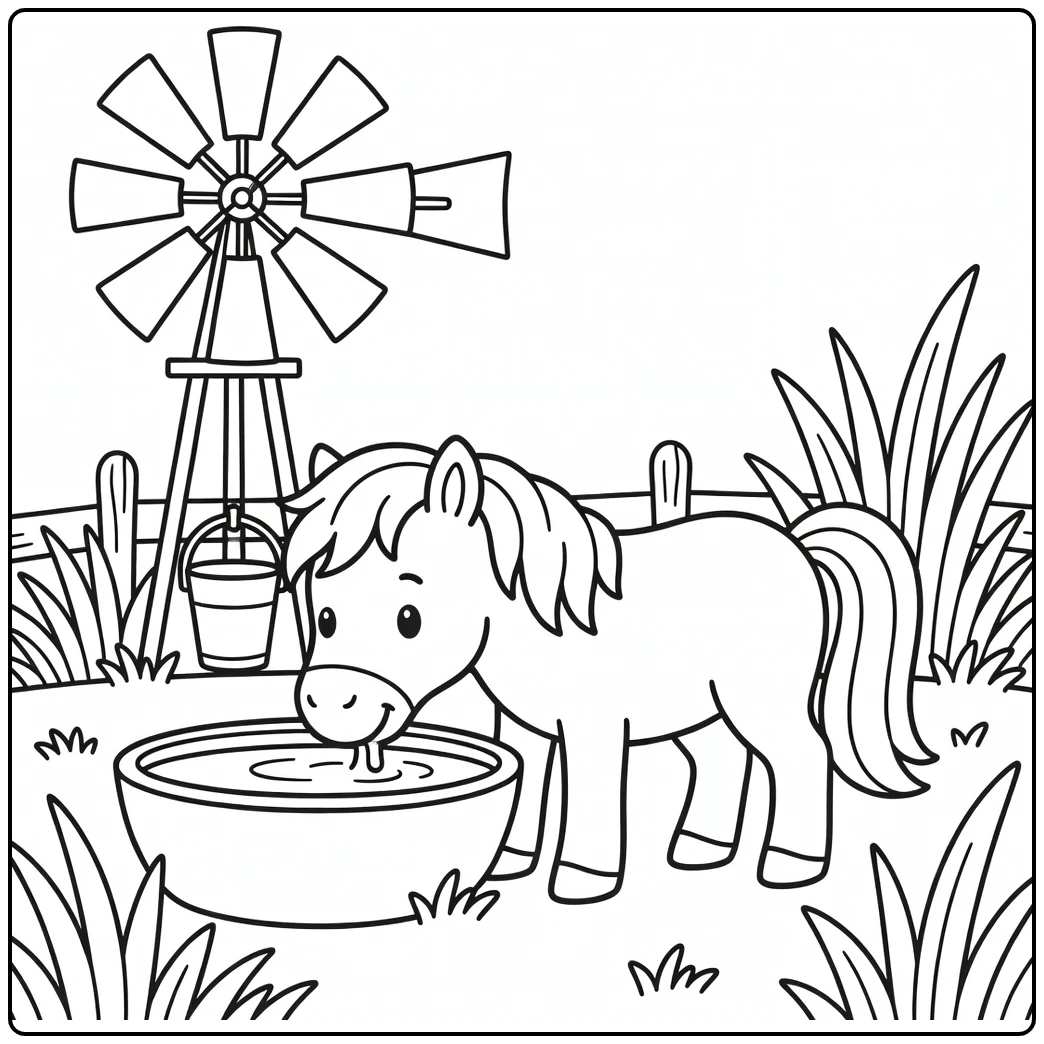 Pony coloring page of pony drinking by windmill trough