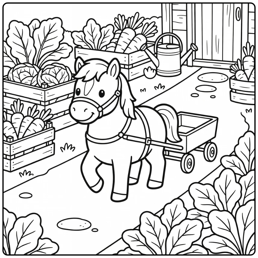 Adorable pony coloring page pulling garden cart on farm