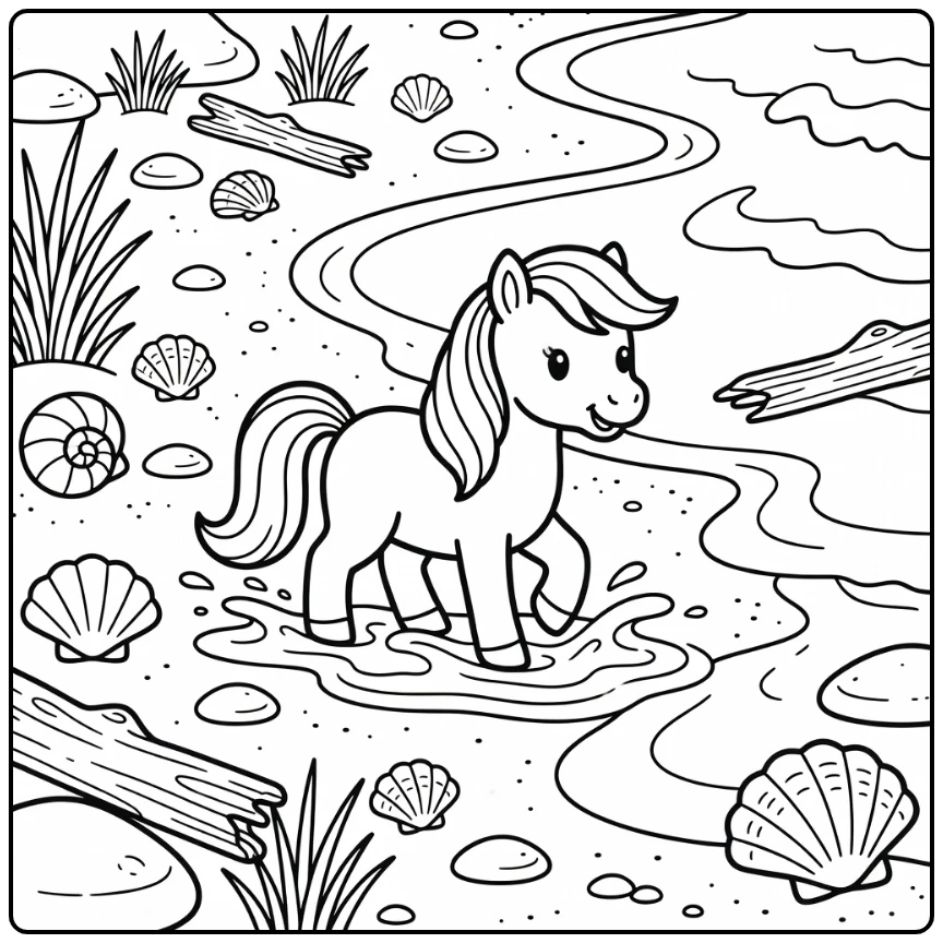 Pony coloring page of cute pony on beach with waves