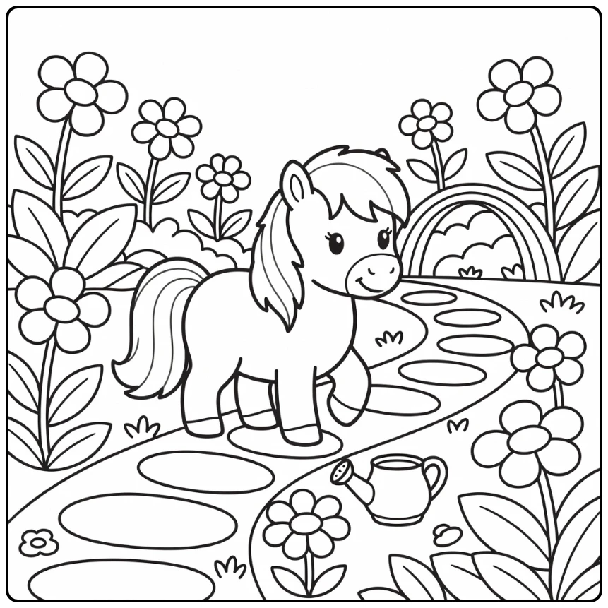 Pony coloring page of cute pony on winding flower garden path