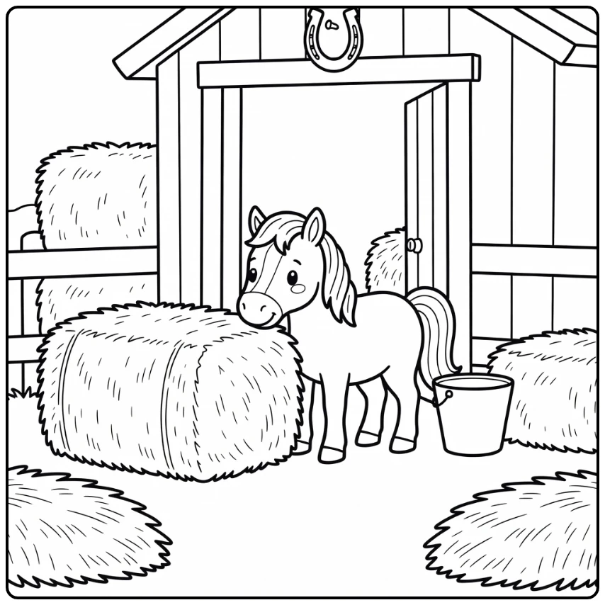Pony coloring page for kids with gentle pony nudging hay bale