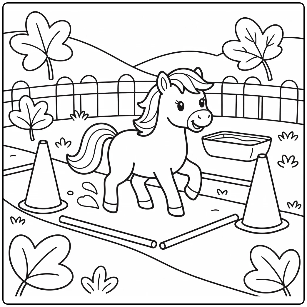 Pony coloring page for kids with trotting pony in paddock