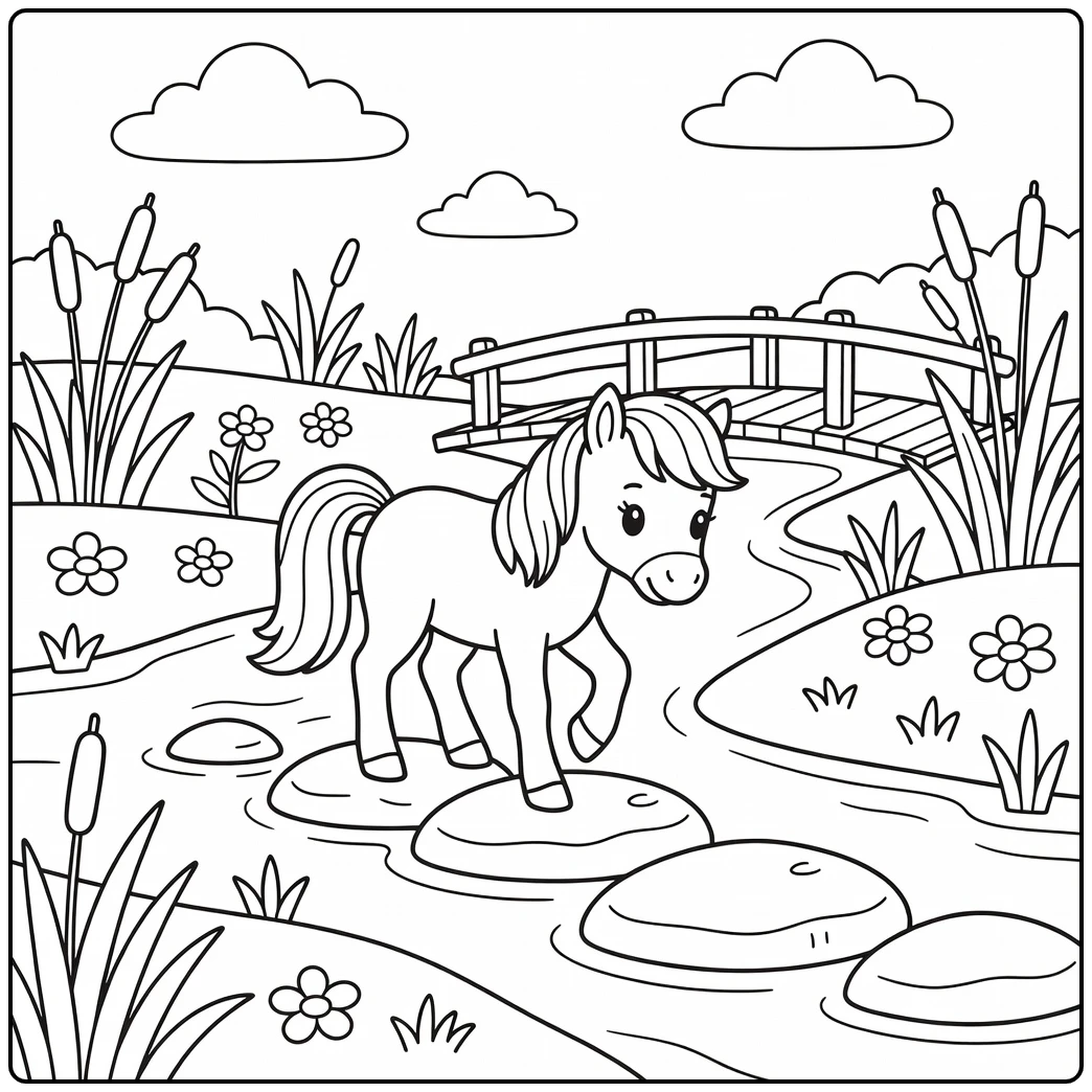 Pony coloring page for kids pony crossing stream stones