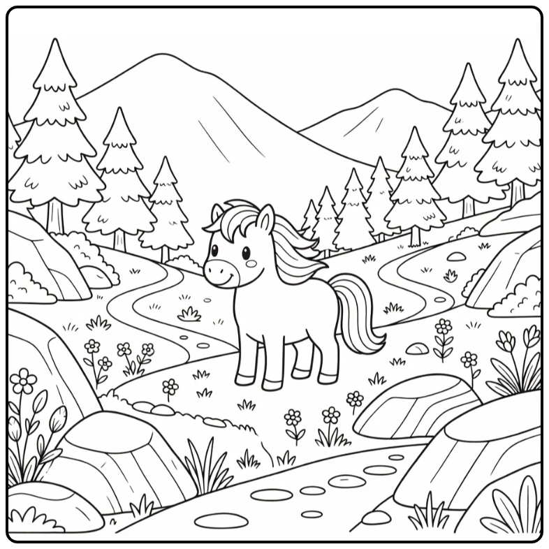 Pony coloring page of cute pony at mountain overlook