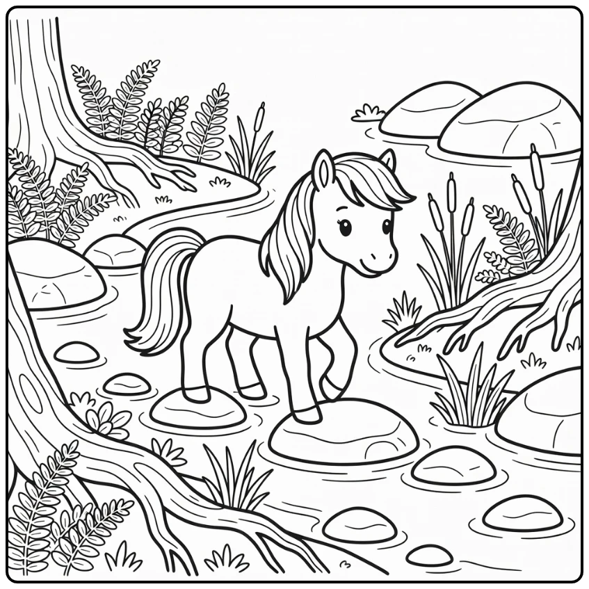 Pony coloring page crossing shallow stream on stones