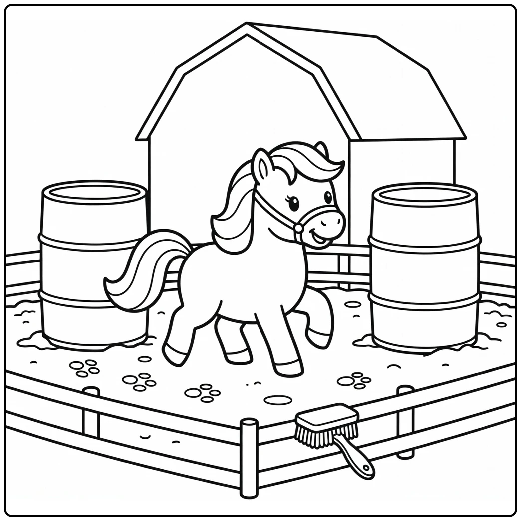 Adorable pony coloring page trotting around arena barrels