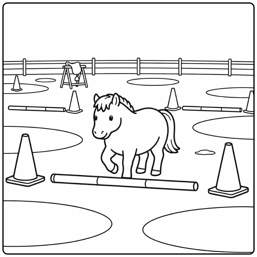 pony coloring page of stocky pony stepping over practice pole