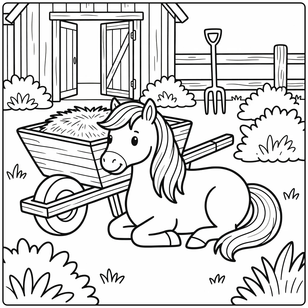 Farm pony coloring page with wheelbarrow hay and grass tufts