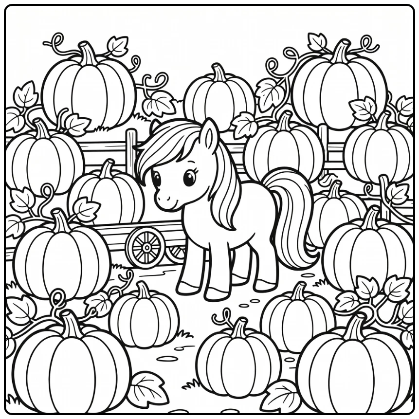 Pony coloring page with curious pony by pumpkin patch