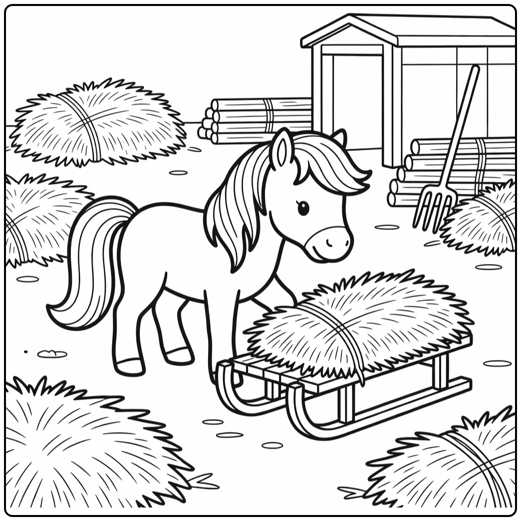 Pony coloring page of cute pony eating hay from wooden sled