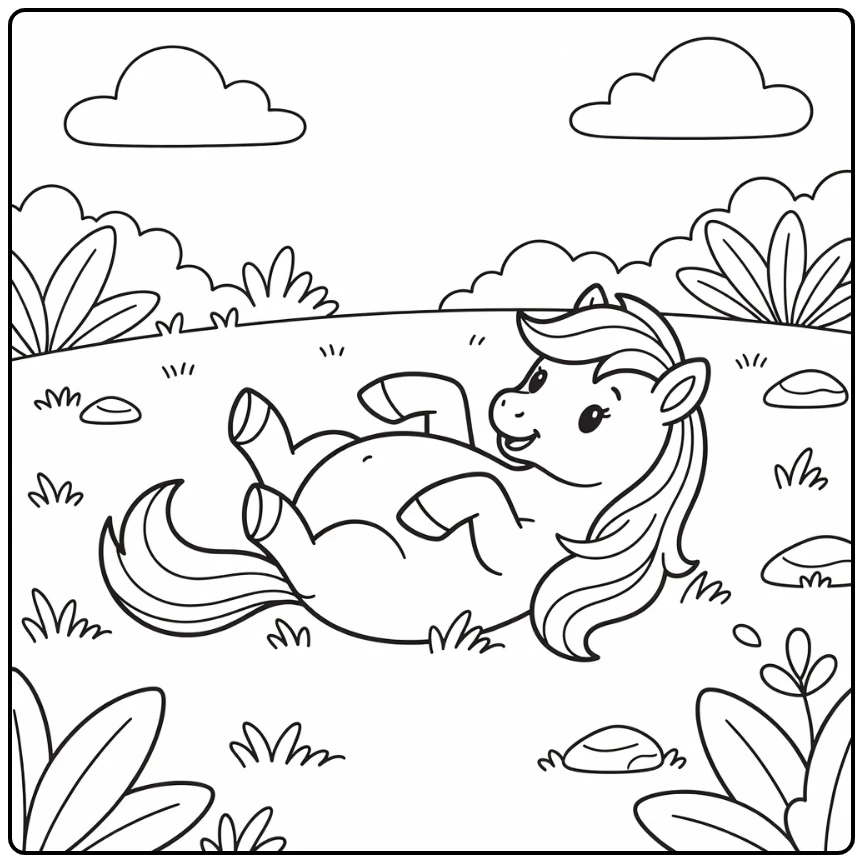 Pony coloring page of cute pony rolling on back in field