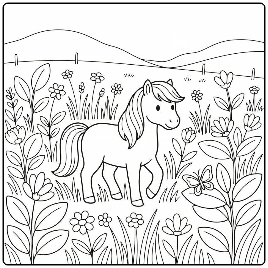 Pony coloring page of pony in meadow grass with butterfly