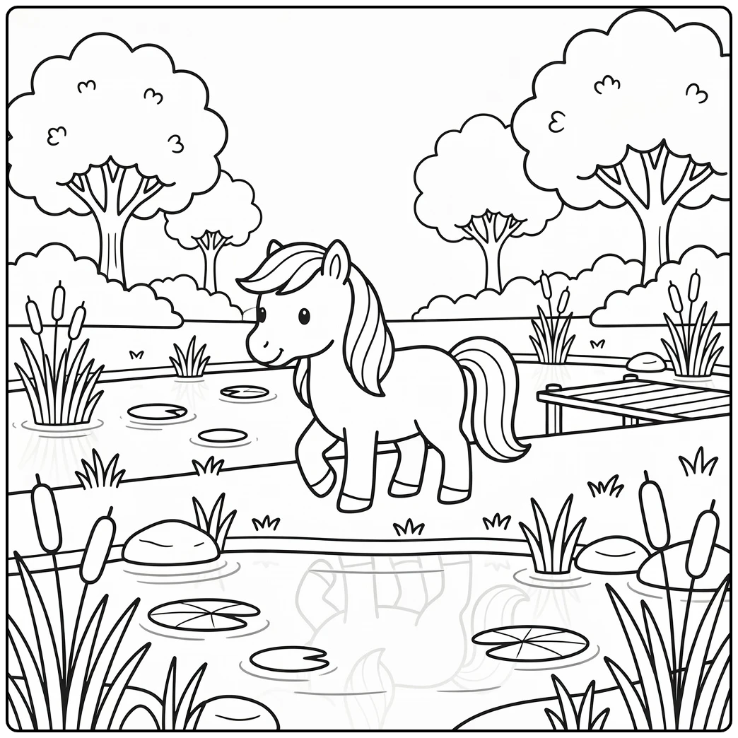 Pony coloring page of cute pony walking by pond with ripples