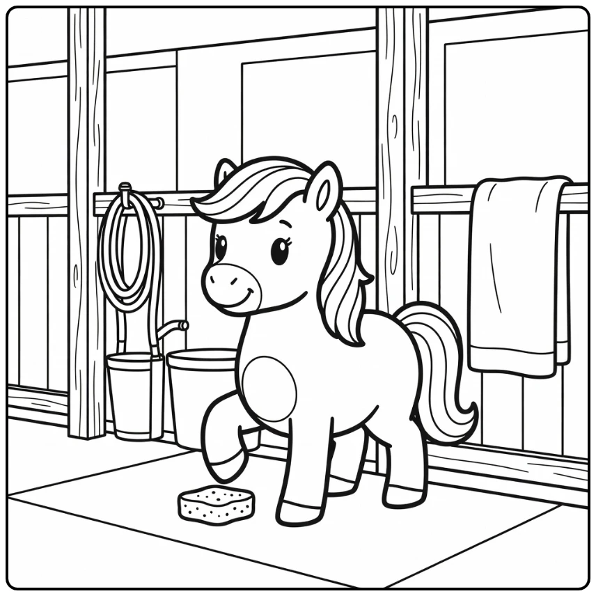 pony coloring page of cute pony in wooden wash stall
