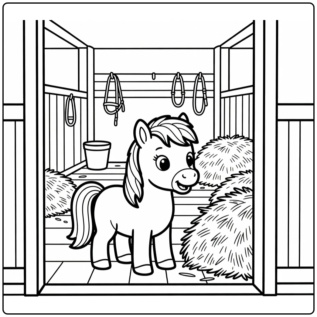 Pony coloring page of stocky pony in stable doorway near hay