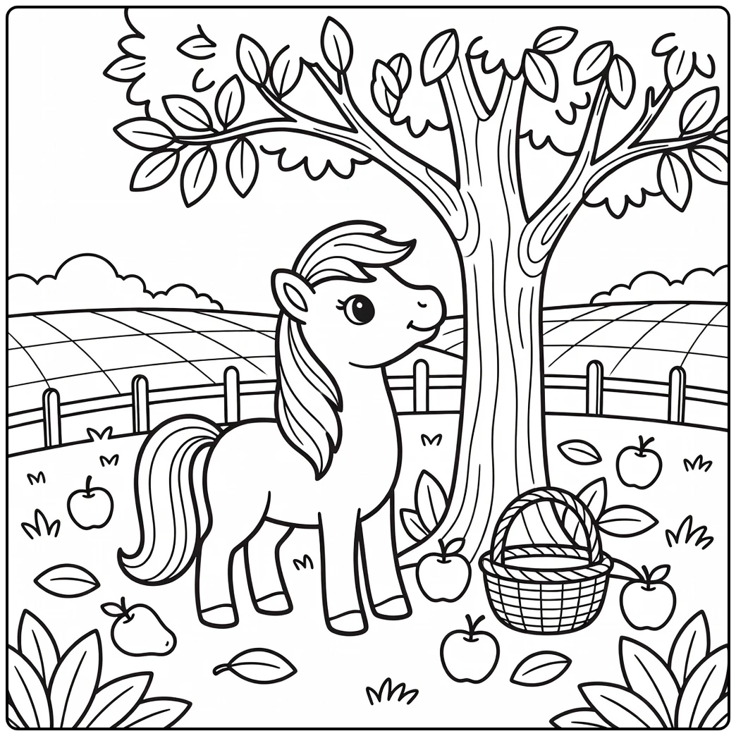 Cute pony coloring page in orchard with fruits and basket