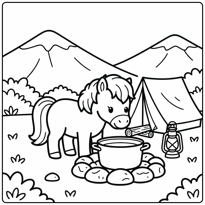 Cute pony coloring page at cozy campsite with pot