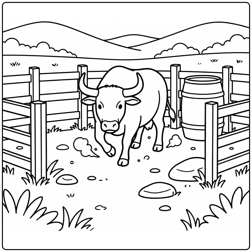 Bull pawing dusty corral ground with horns, bull coloring pages