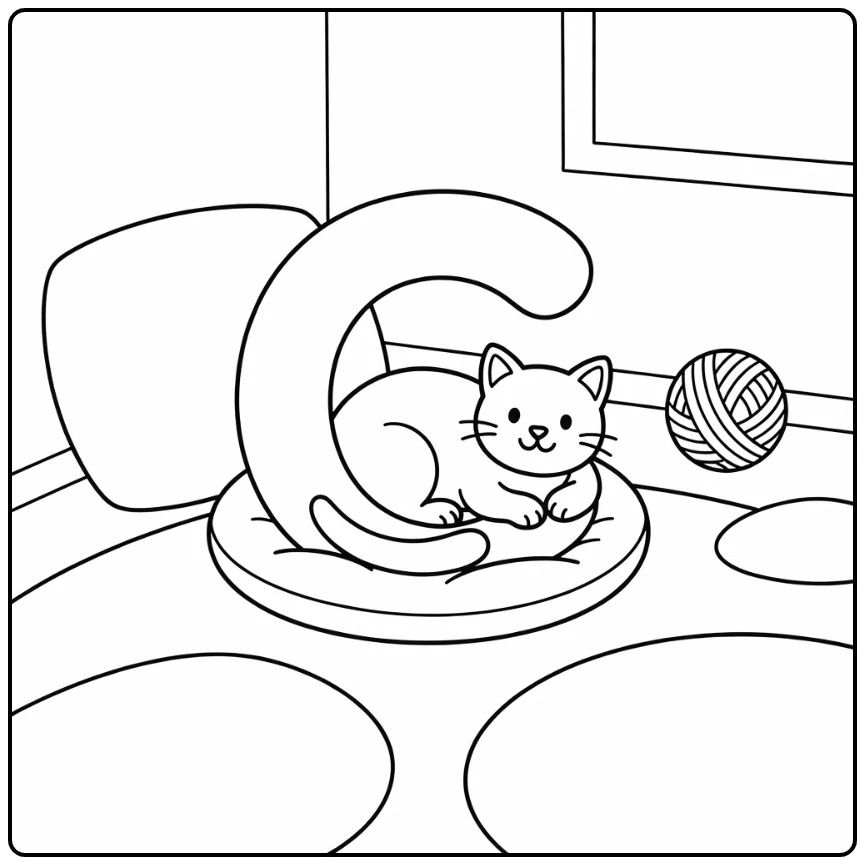 Preschool animal alphabet coloring page curled cat forming C