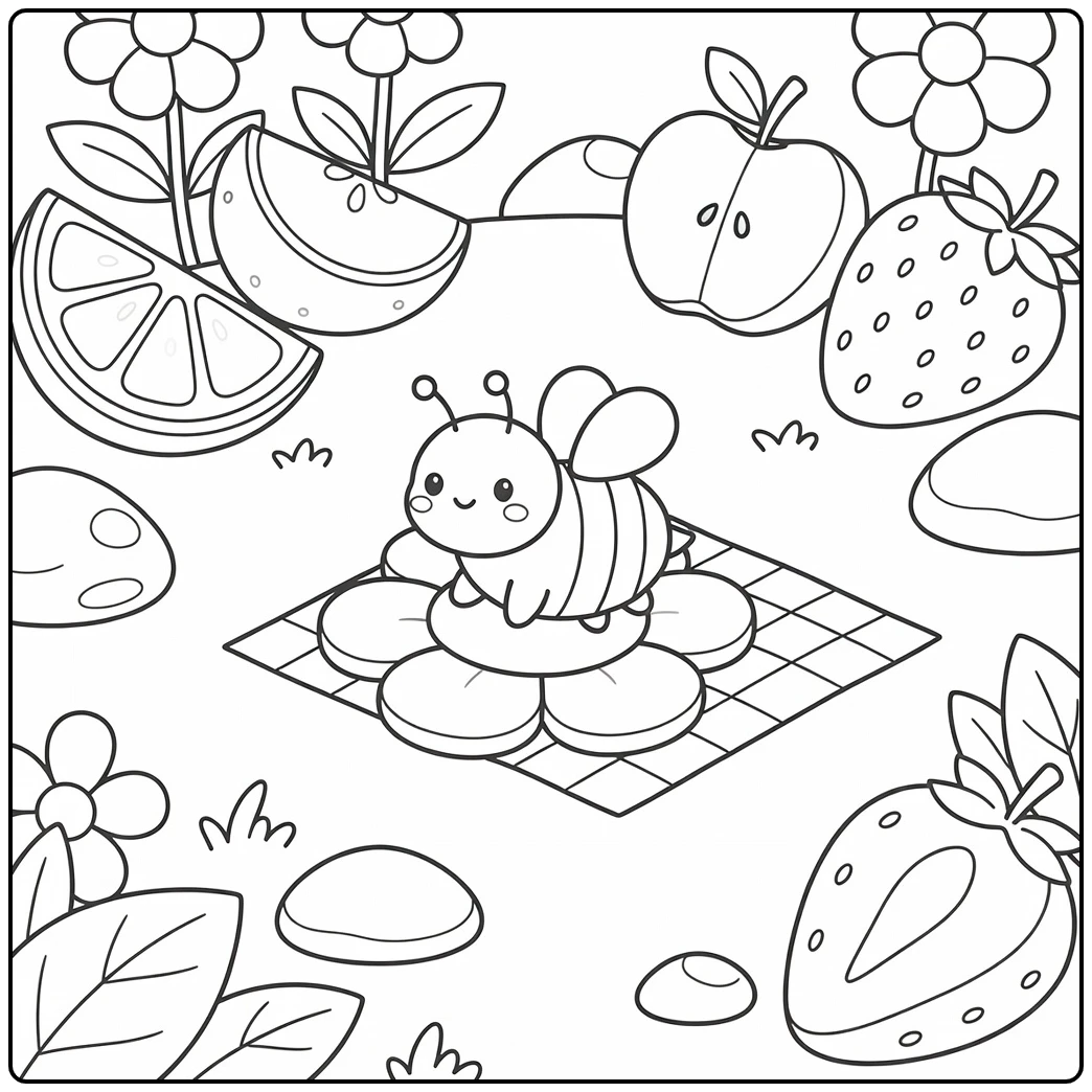 Preschool bee coloring page cute bee on flower picnic scene