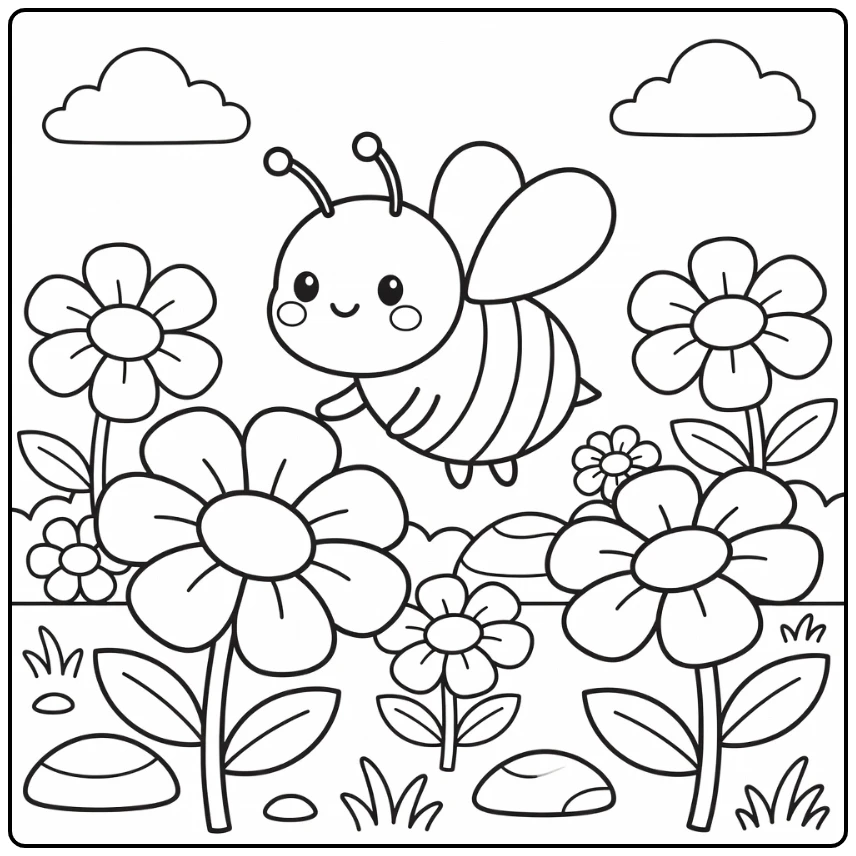preschool bee coloring page with round bee flying over flowers