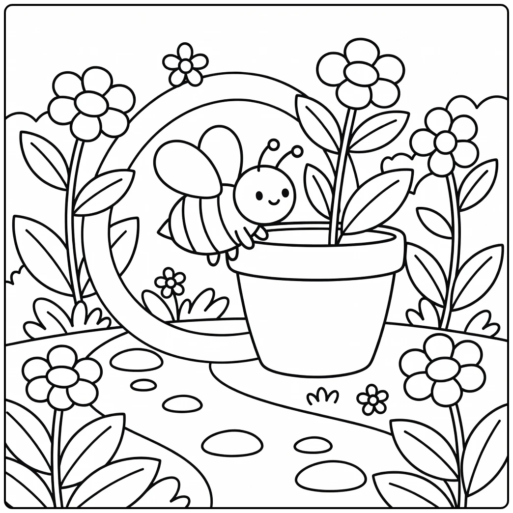 Preschool bee coloring page with bee curving around flower pot
