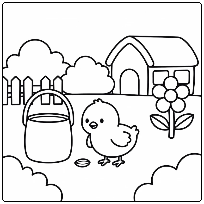 Preschool chick coloring page with chick pecking seed by bucket