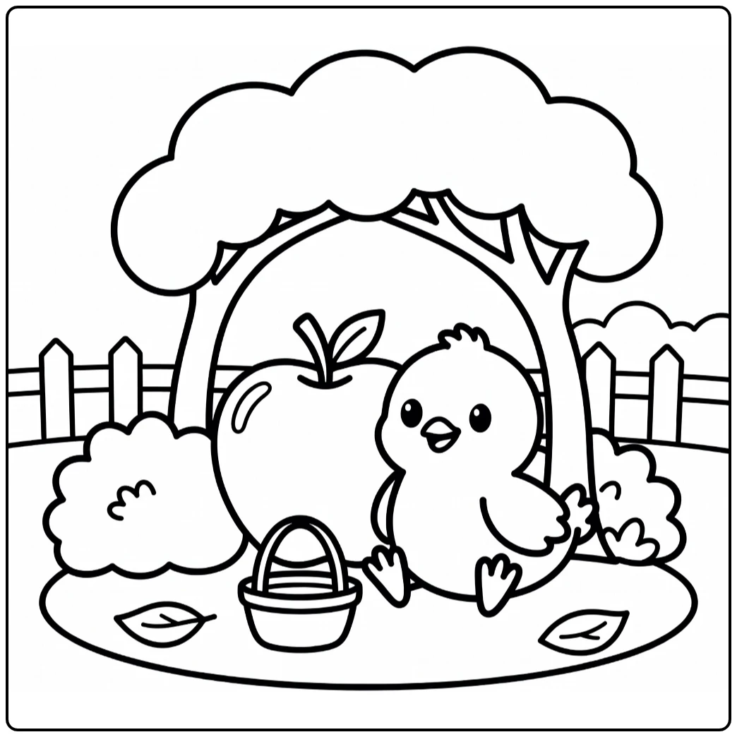 Preschool Chick Coloring Page with Apple and Orchard Tree