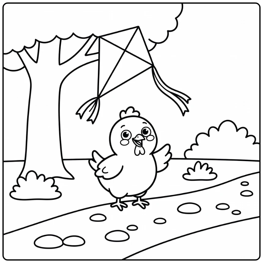 Preschool chicken coloring page with cute chick and kite