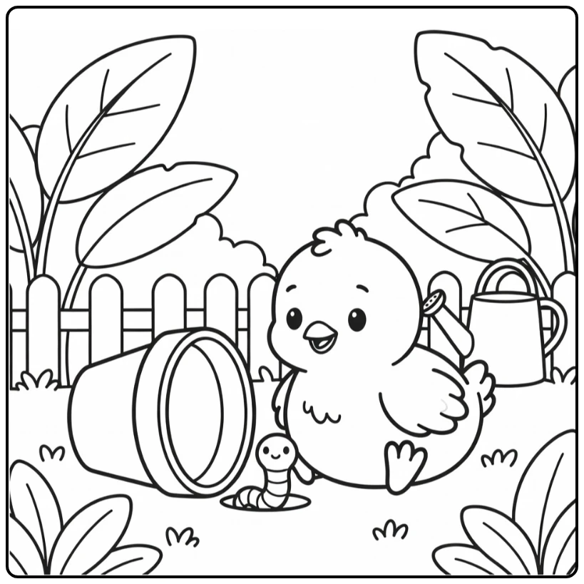 Preschool chicken coloring page chick watching worm by pot