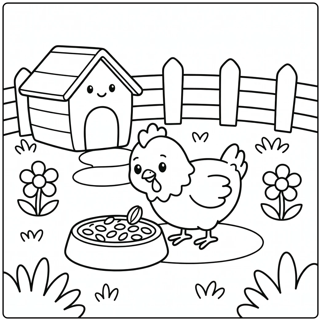 Preschool chicken coloring page in sunny farmyard