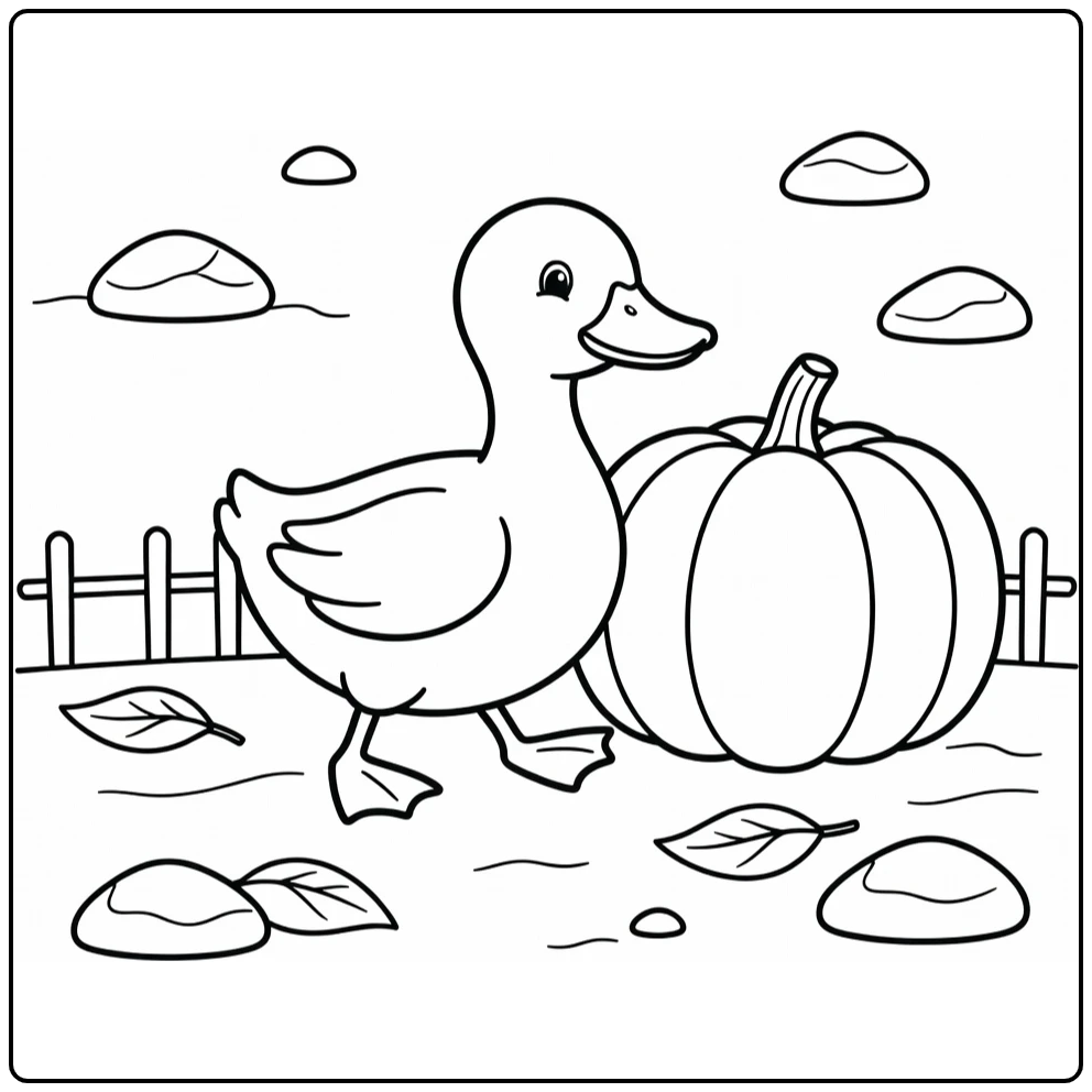 preschool duck coloring page of duck passing pumpkin in garden