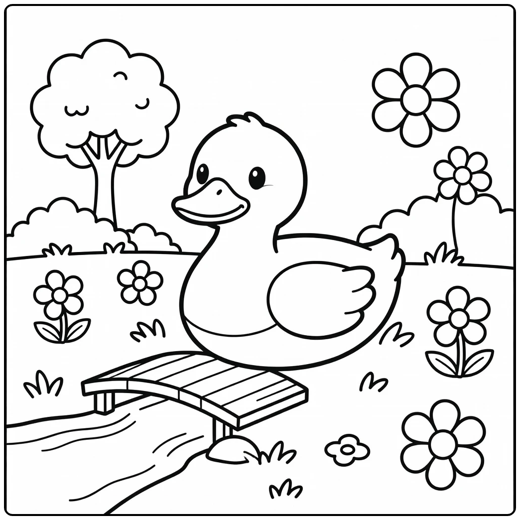Preschool duck coloring page by a stream and wooden bridge