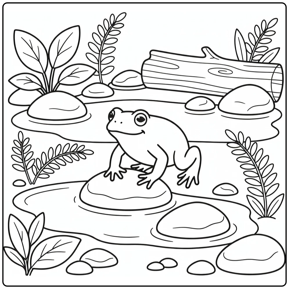 Preschool forest animal coloring page: toad hopping on stones after rain