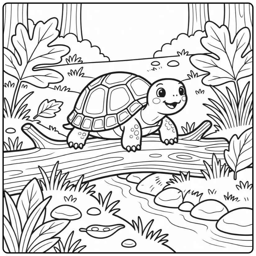Preschool forest animal coloring page: box turtle crossing log