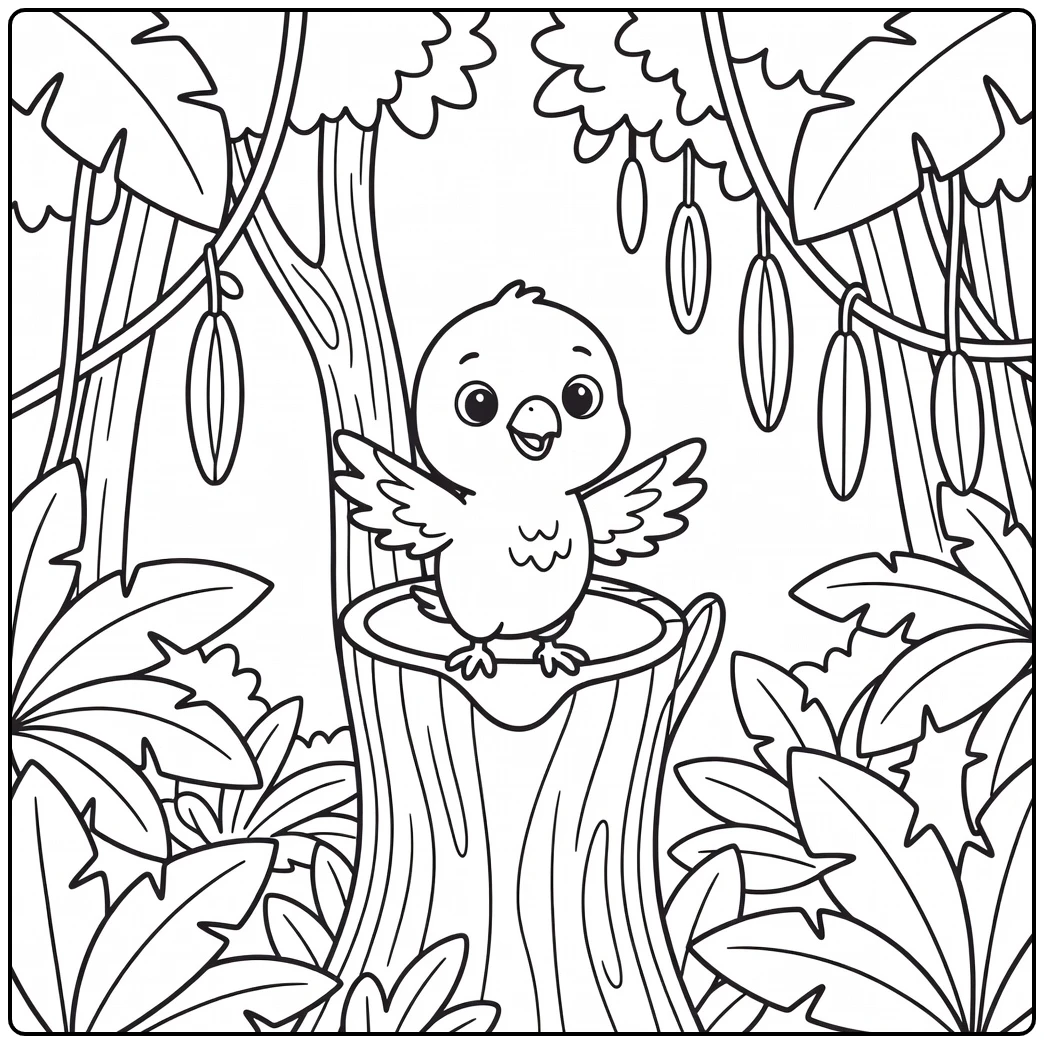 Preschool jungle animal coloring page: parrot chick stretching wings in tree hollow