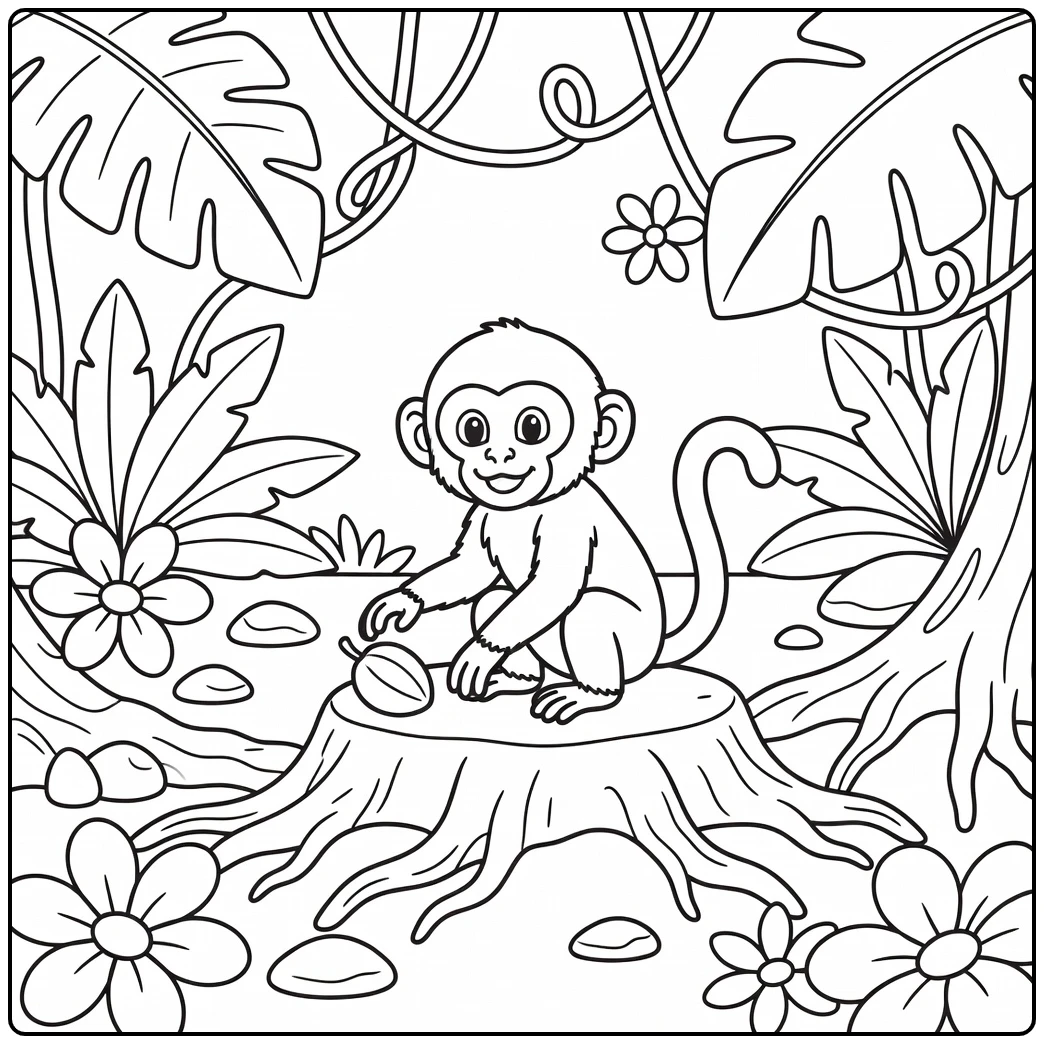 Preschool jungle animal coloring page: capuchin monkey reaching for fruit