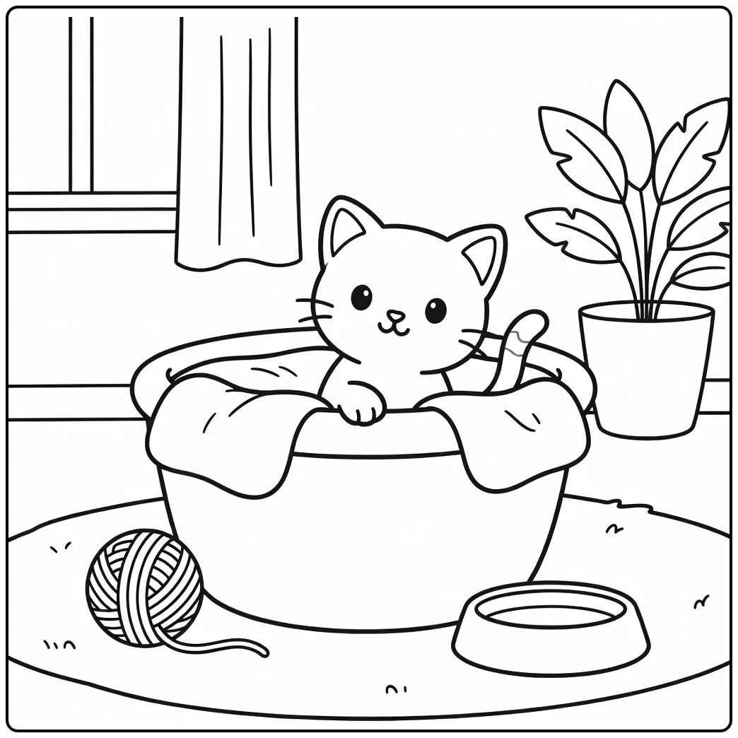 Preschool pets coloring page: kitten in laundry basket