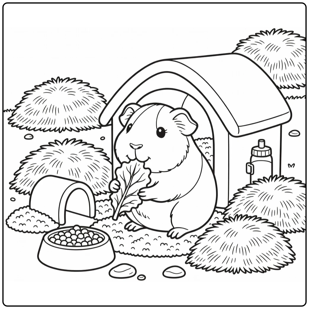 Preschool pets coloring page cute guinea pig with lettuce