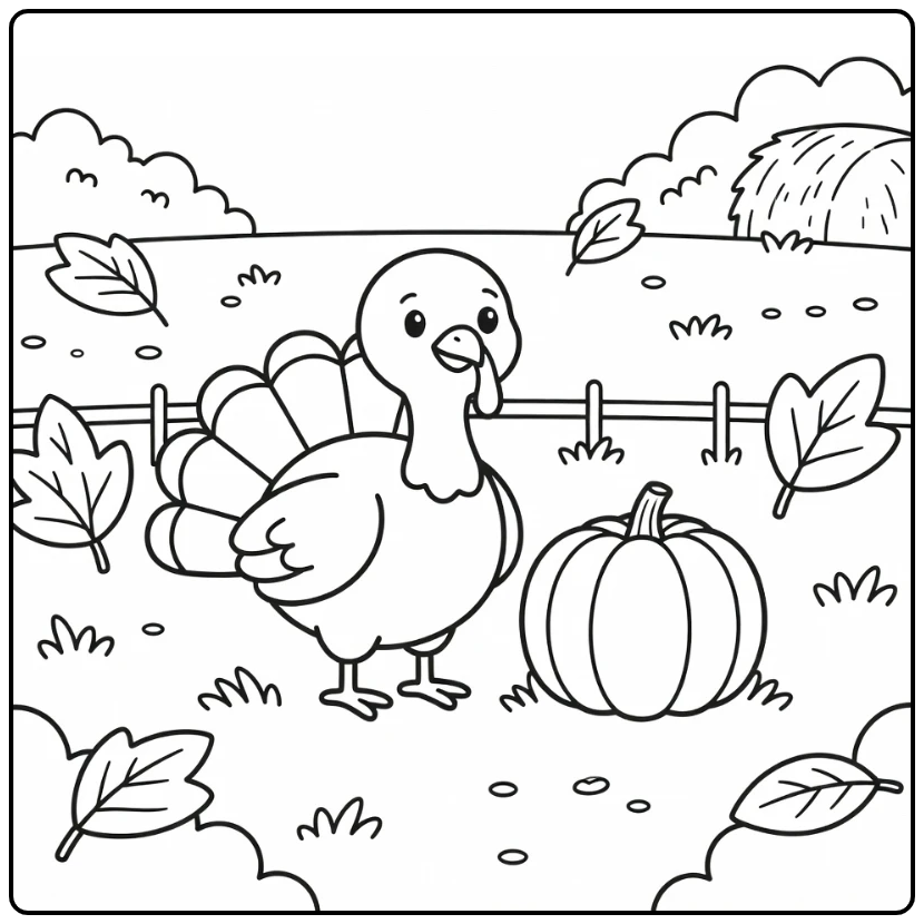 Preschool Turkey Coloring Page with Pumpkin in Farmyard