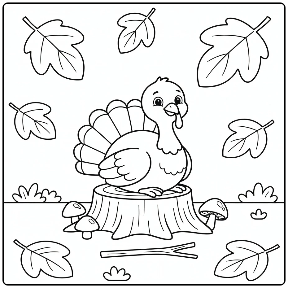 Preschool turkey coloring page with cute woodland turkey