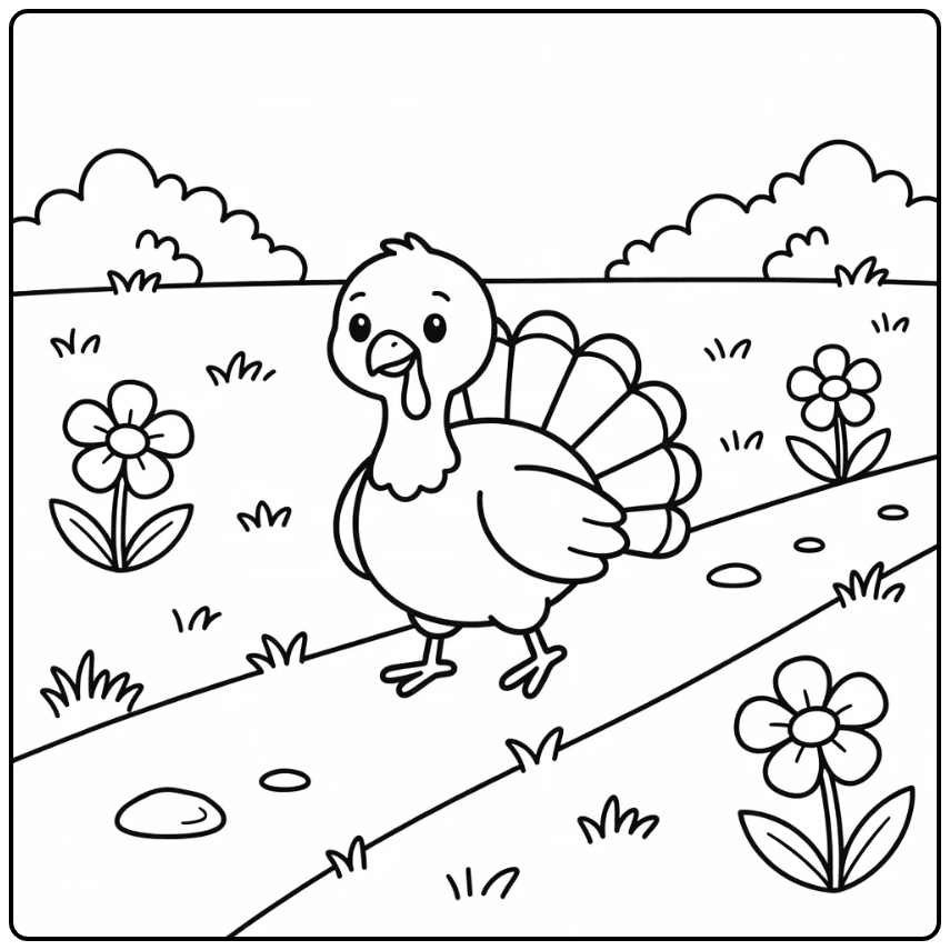 Preschool turkey coloring page with meadow path scene