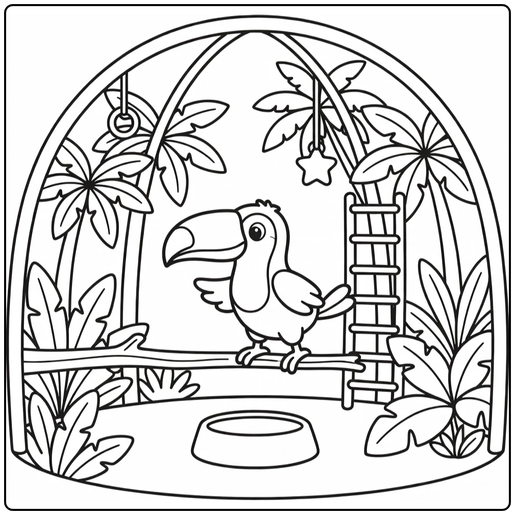 Preschool zoo coloring page: toucan hops to bowl in aviary