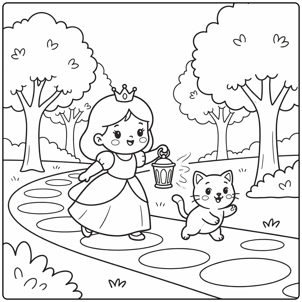 Princess and cat coloring pages: lantern walk with playful chase