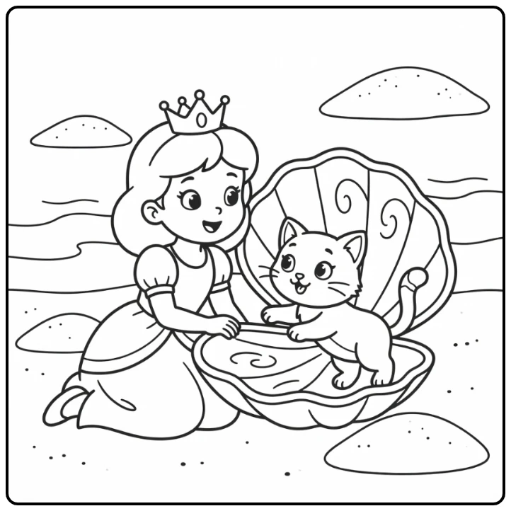 Princess and cat coloring pages: kneeling by shell, cat explores