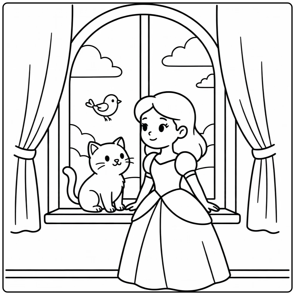 Princess and cat coloring pages: watching bird at window