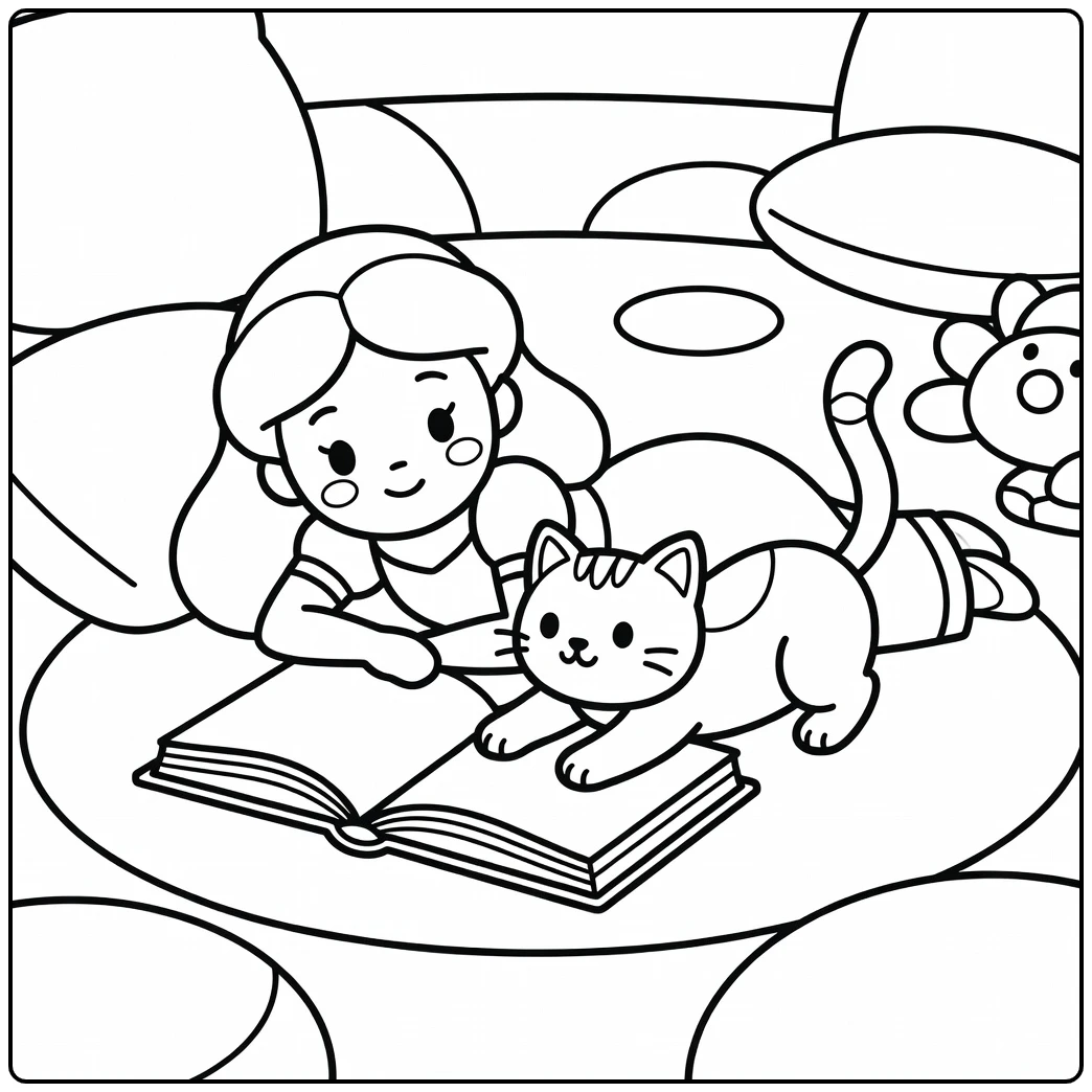 Princess and cat coloring pages: playful book interruption