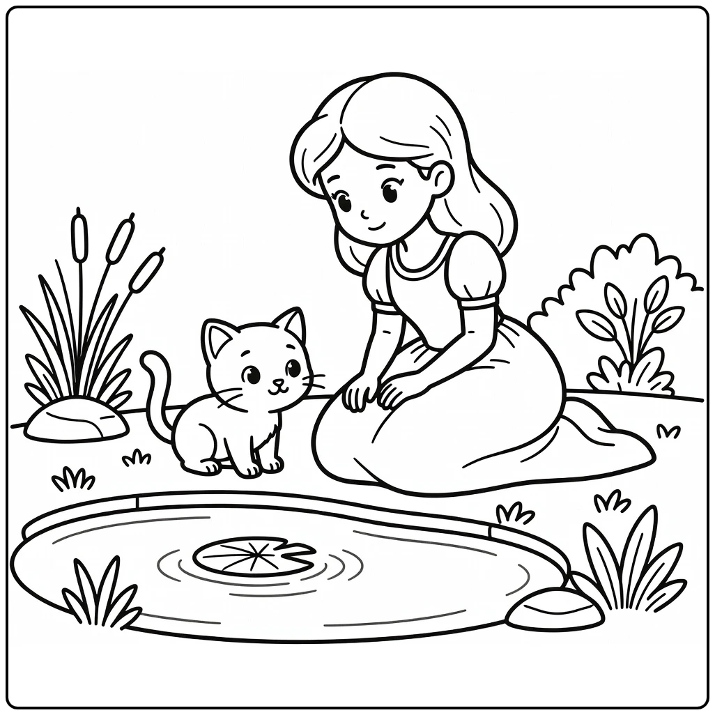 Princess and cat coloring pages: kneeling by pond, watching lily pad